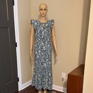 Blue Paisley Maxi Dress with Ruffle Sleeves